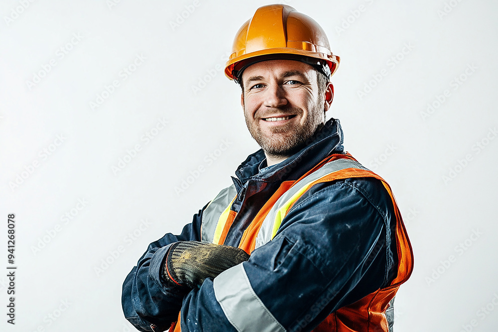 Worker wearing hard hat smiling positively Worker wearing hard hat smiling positively
