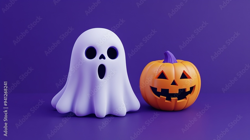 A whimsical Halloween pumpkin and ghost decoration set against a vibrant purple background A whimsical Halloween pumpkin and ghost decoration set against a vibrant purple background