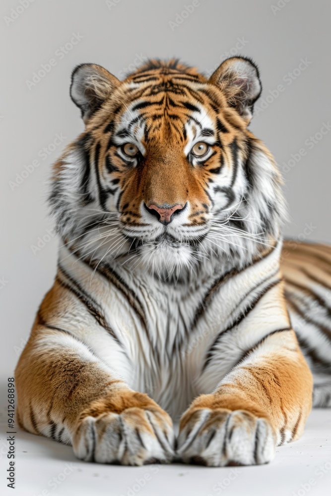 Fototapeta premium A tiger resting on a white surface
