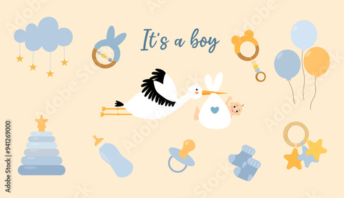 Newborn accessories set. It's a boy. White stork carrying a cute baby. Booties, toys, milk bottles and rattles, pacifier. Maternity and childhood things. Vector illustration in flat style.