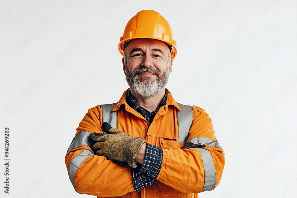 Worker wearing hard hat smiling positively Worker wearing hard hat smiling positively