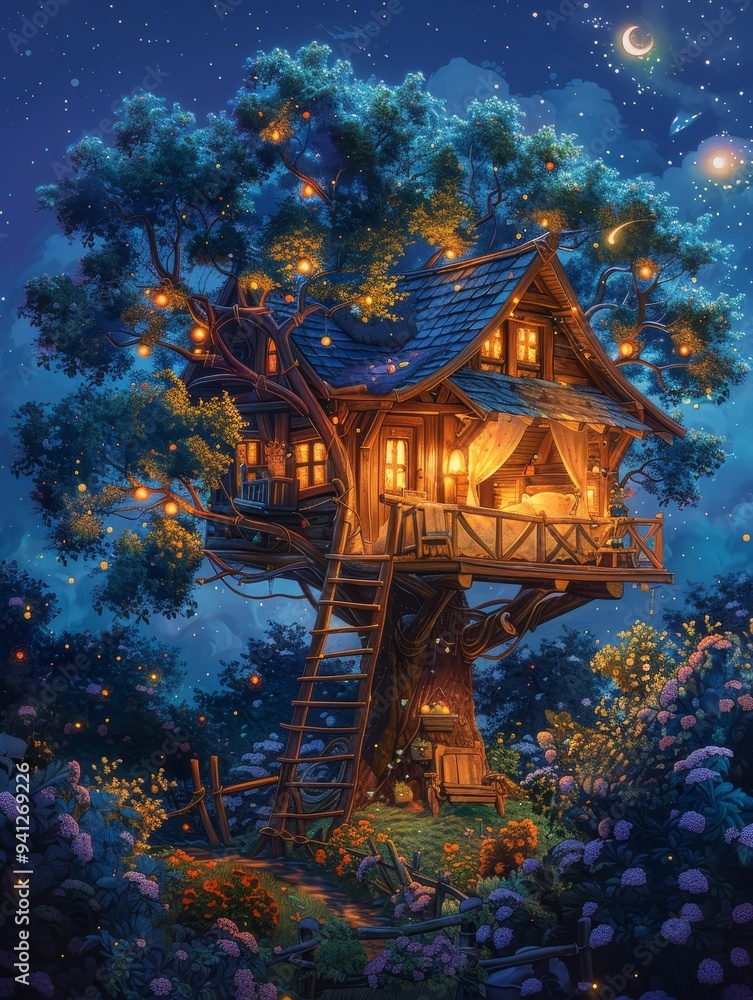 A cozy treehouse nestled in a lush forest, illuminated by warm lights and a crescent moon in the starry sky. A cozy treehouse nestled in a lush forest, illuminated by warm lights and a crescent moon in the starry sky.