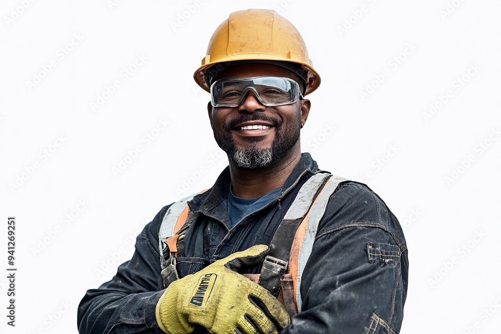 Worker wearing hard hat smiling positively Worker wearing hard hat smiling positively
