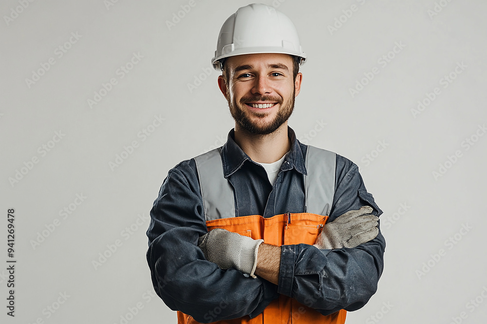 Worker wearing hard hat smiling positively Worker wearing hard hat smiling positively