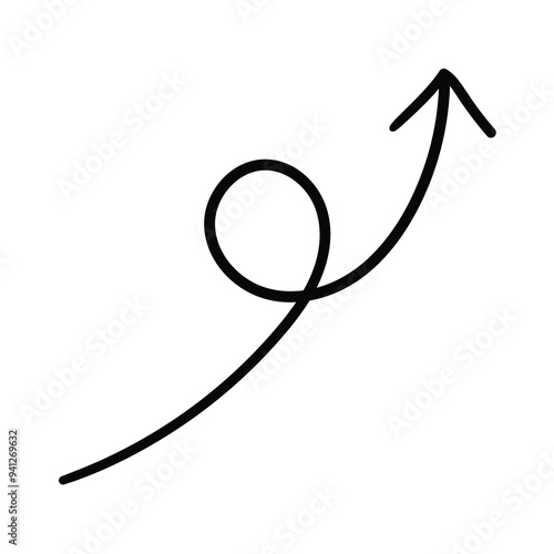 Hand drawn doodle curved arrow pointing up on white background.