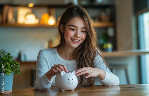 Young woman smiling while putting coins into a piggy bank at home in modern decor