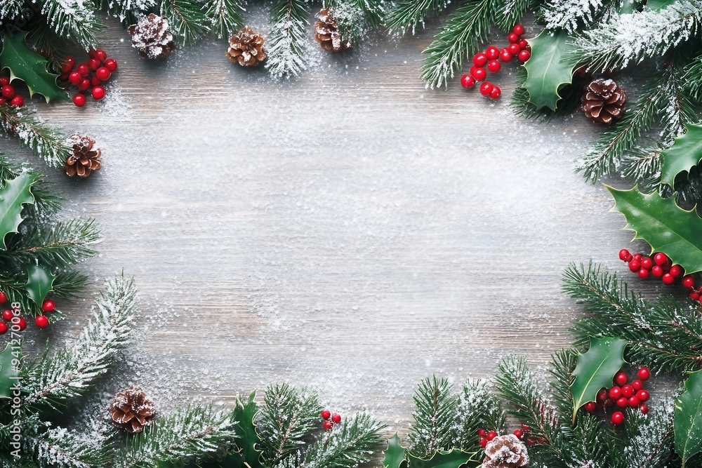 Christmas and New Year background with fir branches, holly and snowfall on wooden white board Christmas and New Year background with fir branches, holly and snowfall on wooden white board