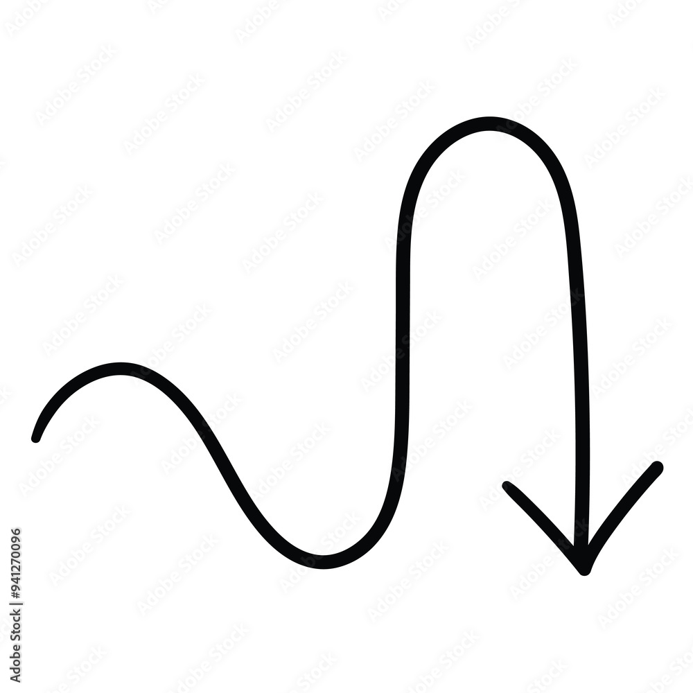Hand drawn doodle of a curved arrow pointing down on a white background. Hand drawn doodle of a curved arrow pointing down on a white background.