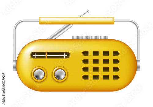 Retro radio icon. Yellow radio. Vector 3D clipart isolated on white background.