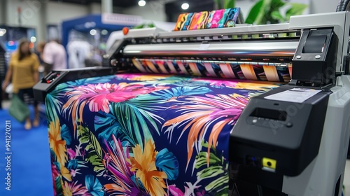 A sublimation printer producing vibrant, customized fabric with a tropical floral pattern.