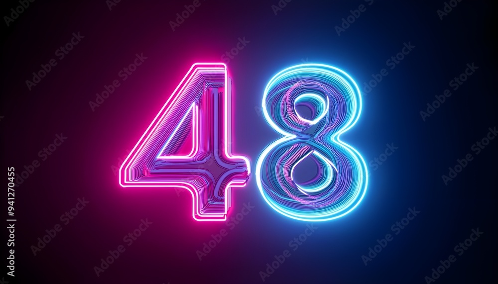 3d neon light number 48 glowing in the dark, pink blue neon light 3d neon light number 48 glowing in the dark, pink blue neon light