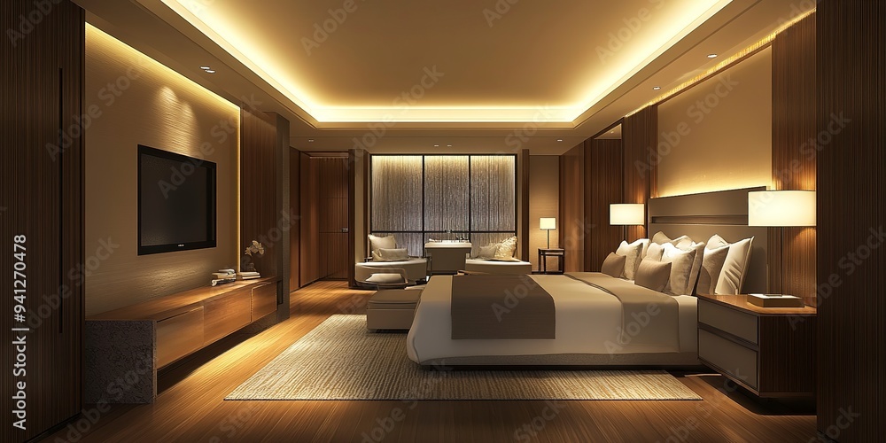 Hotel Room Decorated in Modern Style: Hotel room featuring wood paneling, recessed lighting Hotel Room Decorated in Modern Style: Hotel room featuring wood paneling, recessed lighting