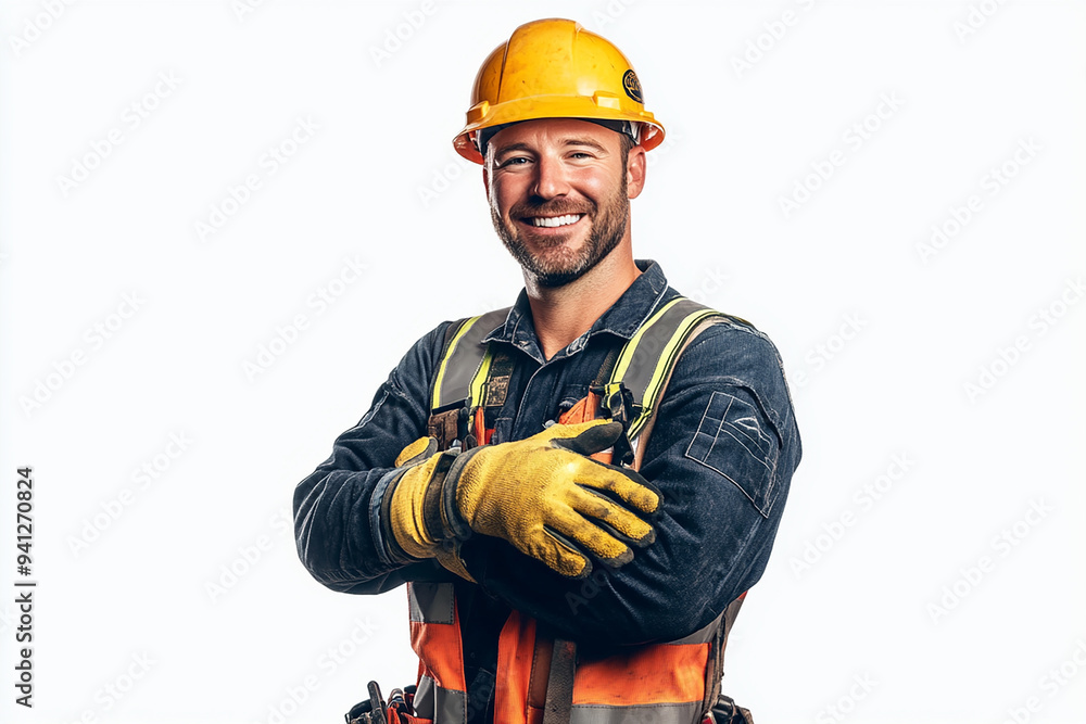Worker wearing hard hat smiling positively Worker wearing hard hat smiling positively