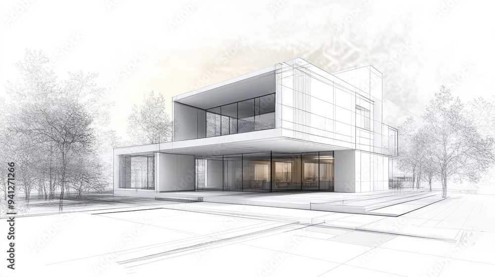 3D illustration of a modern architectural building design sketch 3D illustration of a modern architectural building design sketch
