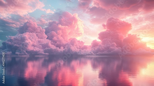 surreal cloudscape soft pink and magenta 3d clouds hovering just above a reflective floor gentle diffused lighting creates a dreamlike atmosphere in this fantastical landscape