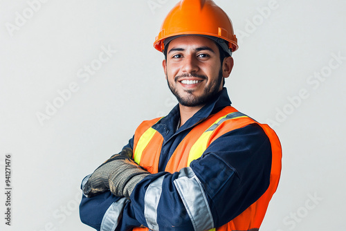 Worker wearing hard hat smiling positively