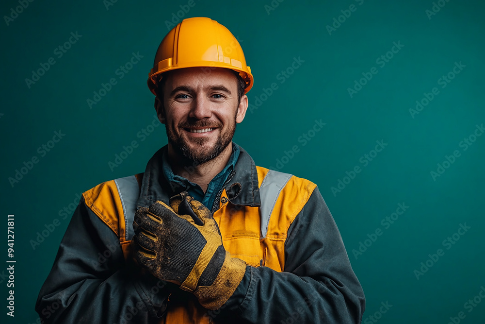 Worker wearing hard hat smiling positively Worker wearing hard hat smiling positively