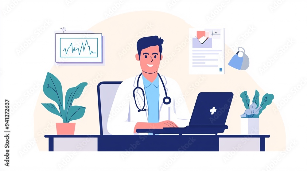A doctor conducting a remote patient consultation using video conferencing A doctor conducting a remote patient consultation using video conferencing