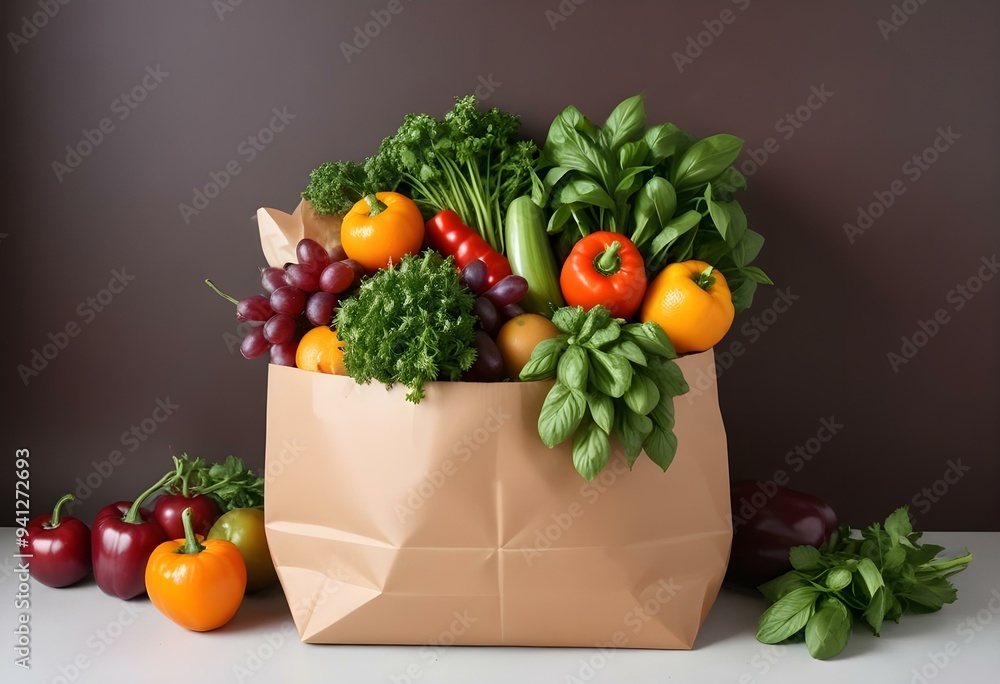 Healthy food background with a paper bag overflowing with fresh herbs like basil and parsley, crunchy vegetables like cucumbers and bell peppers, and juicy fruit Healthy food background with a paper bag overflowing with fresh herbs like basil and parsley, crunchy vegetables like cucumbers and bell peppers, and juicy fruit