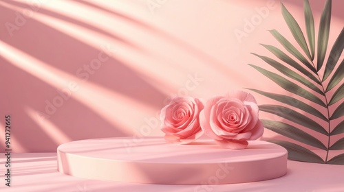 3D podium with a pastel pink backdrop adorned with rose flowers featuring shadows of palm leaves Minimalistic display suitable for feminine themes and cosmetics offering ample copy space