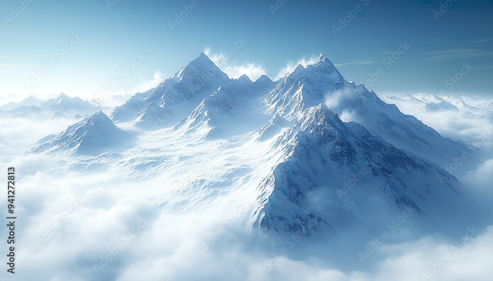 Panoramic view of snowy mountains in the clouds. Winter landscape , no texte, no titre in picture ,cinematic lighting, design stage design Panoramic view of snowy mountains in the clouds. Winter landscape , no texte, no titre in picture ,cinematic lighting, design stage design