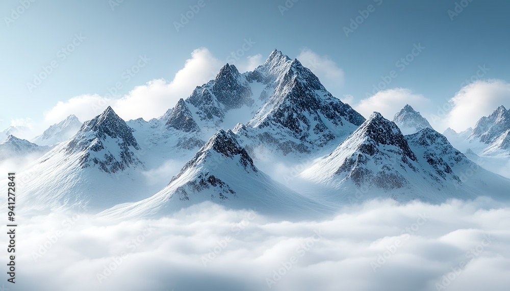 Obraz premium Panoramic view of snowy mountains in the clouds. Winter landscape , no texte, no titre in picture ,cinematic lighting, design stage design