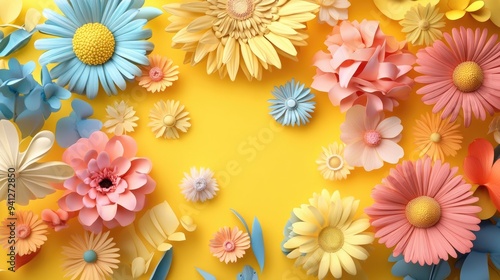 3D product showcase featuring decorative flowers set against a bright yellow background