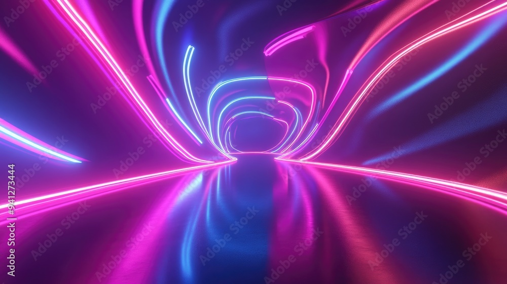 3D render of an abstract neon backdrop featuring dynamic glowing lines in a dark space with reflective flooring showcasing fluorescent ribbons 3D render of an abstract neon backdrop featuring dynamic glowing lines in a dark space with reflective flooring showcasing fluorescent ribbons