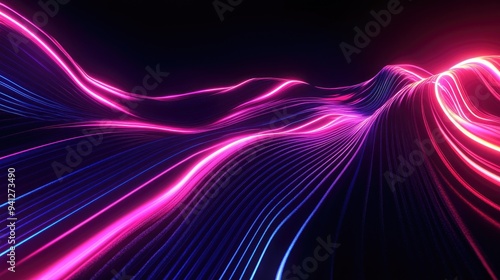 3D render of an abstract neon wallpaper featuring glowing dynamic lines set against a dark backdrop creating a light drawing effect with a fluorescent ribbon
