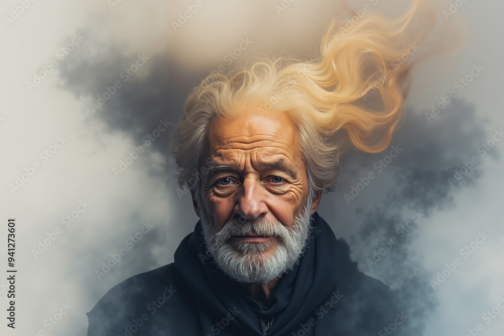 Abstract Illustration: Senior Man with Dementia, Alzheimer's Symbolized by Smoke-like Thoughts - Mental Health Awareness Abstract Illustration: Senior Man with Dementia, Alzheimer's Symbolized by Smoke-like Thoughts - Mental Health Awareness