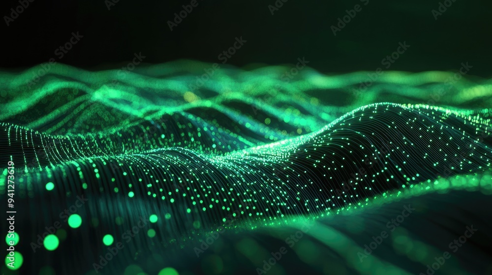 3D render of an abstract wallpaper featuring digital data transfer with green glowing lines on a black background Energy streams and particles create dynamic tracks and scientific waves 3D render of an abstract wallpaper featuring digital data transfer with green glowing lines on a black background Energy streams and particles create dynamic tracks and scientific waves
