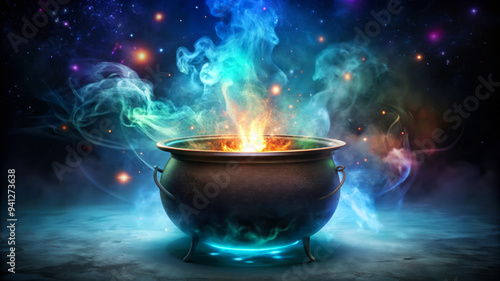 Magical Cauldron With Glowing Smoke And Stars. photo