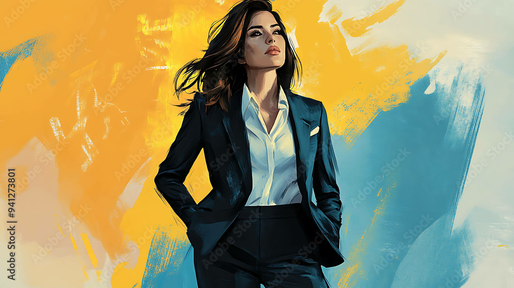 A woman in a stylish suit standing confidently against a colorful background. A woman in a stylish suit standing confidently against a colorful background.