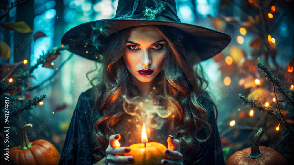 Mysterious Witch Holding A Lit Pumpkin In A Forest. Mysterious Witch Holding A Lit Pumpkin In A Forest.