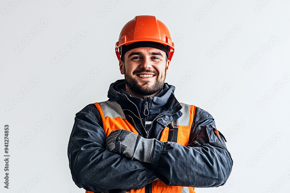 Worker wearing hard hat smiling positively Worker wearing hard hat smiling positively