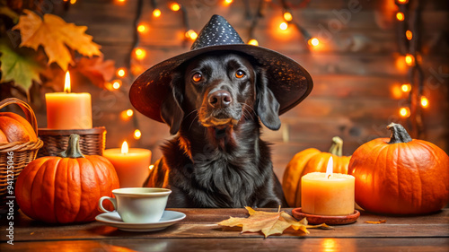 Black Dog Wearing Witch Hat With Pumpkins And Candles For Halloween. photo