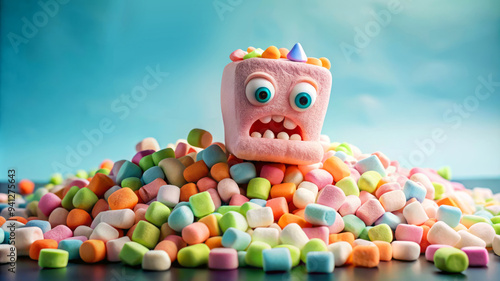 Funny Marshmallow Monster Sinking Into A Pile Of Colorful Marshmallows. photo