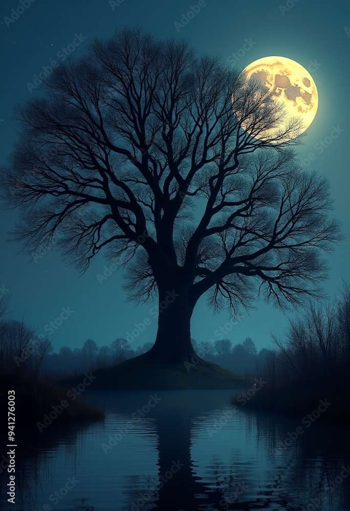 Naklejka premium Nature's Reflection: A Large Tree Stands Proudly, Its Image Mirrored in the Calm Waters Below
