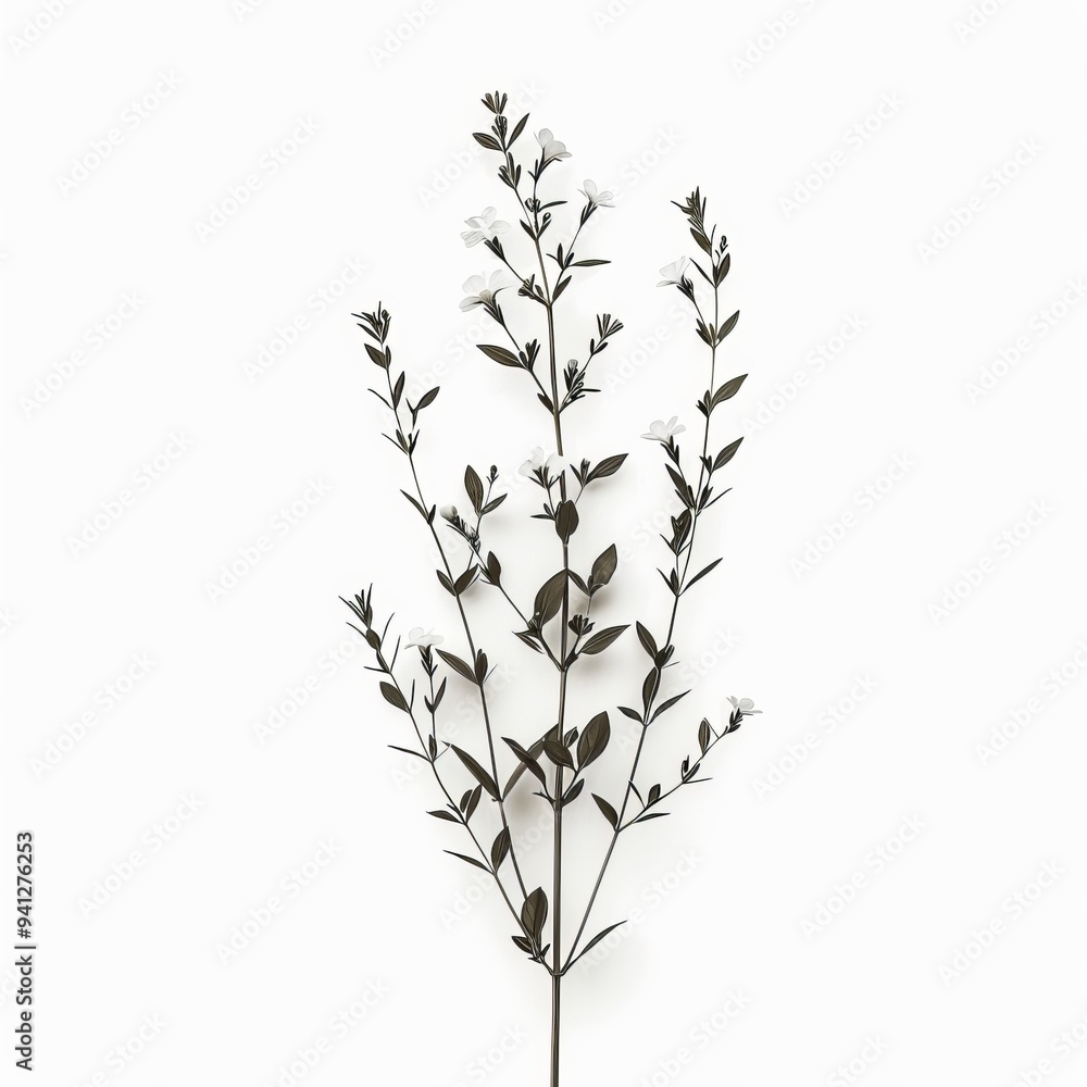 A delicate sprig of white flowers with green leaves against a white background. A delicate sprig of white flowers with green leaves against a white background.