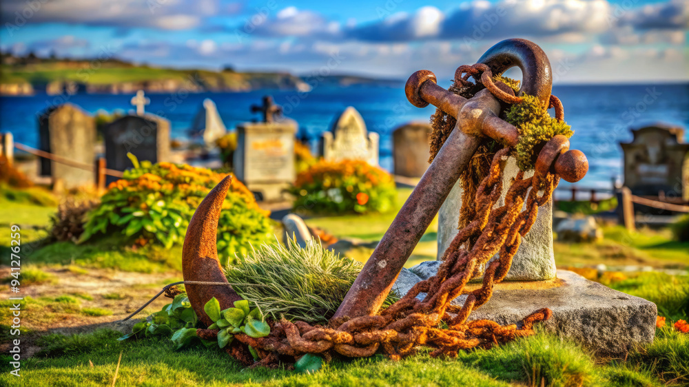Fototapeta premium Rusty Anchor Resting In A Graveyard Overlooking The Ocean.