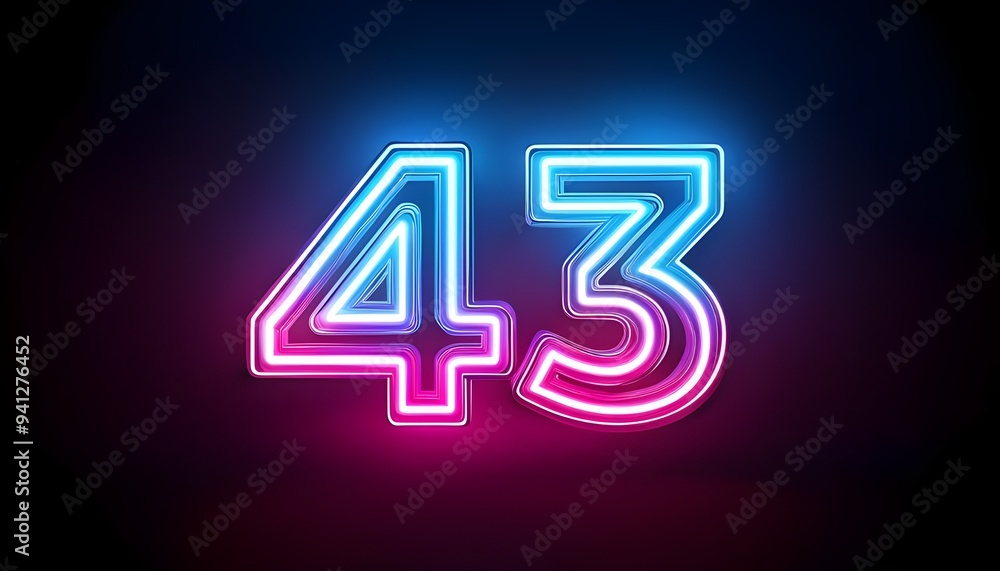 3d neon light number 43 glowing in the dark, pink blue neon light 3d neon light number 43 glowing in the dark, pink blue neon light