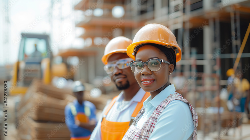 Portrait of Black Construction Workers, a Man and a Woman, in Safety Glasses Portrait of Black Construction Workers, a Man and a Woman, in Safety Glasses