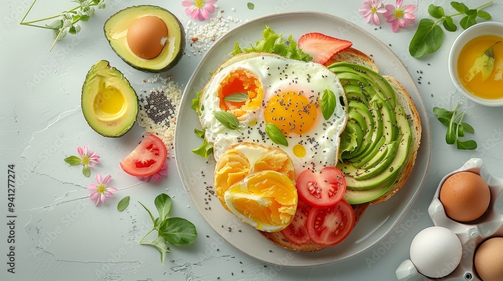 A delicious and healthy breakfast of avocado toast with fried eggs, tomato, and orange slices. A delicious and healthy breakfast of avocado toast with fried eggs, tomato, and orange slices.