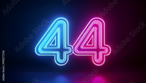 3d neon light number 44 glowing in the dark, pink blue neon light 