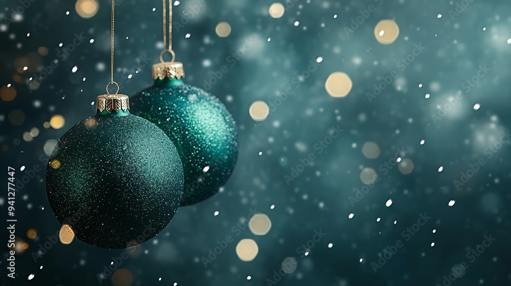Green Christmas ornaments with a glittery texture hanging against a dark, bokeh background with falling snow Green Christmas ornaments with a glittery texture hanging against a dark, bokeh background with falling snow