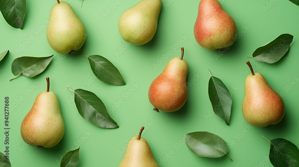 A flat lay of pears and leaves on a green background, showcasing fresh produce. A flat lay of pears and leaves on a green background, showcasing fresh produce.