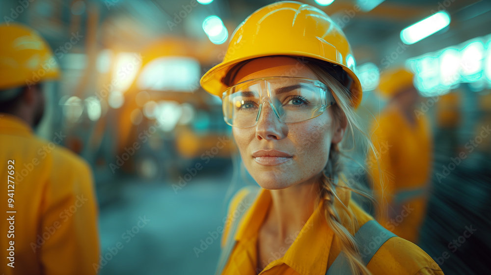 Single Construction Worker in Hardhat at Busy Site Single Construction Worker in Hardhat at Busy Site
