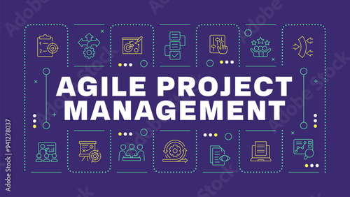 Agile project management purple word concept. Project documentation, market analysis. Horizontal vector image. Headline text surrounded by editable outline icons. Hubot Sans font used