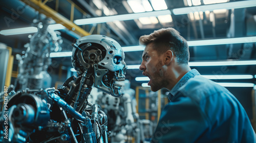 Confrontation Angry Man Facing Robot in Tense Factory Scene