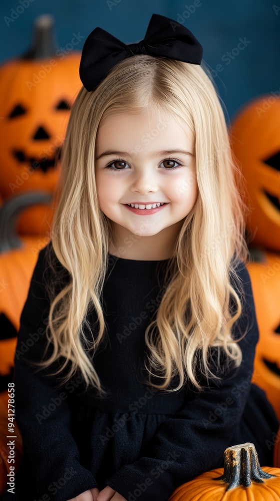 A cheerful girl in costume smiles with Halloween pumpkins around her, capturing the festive spirit